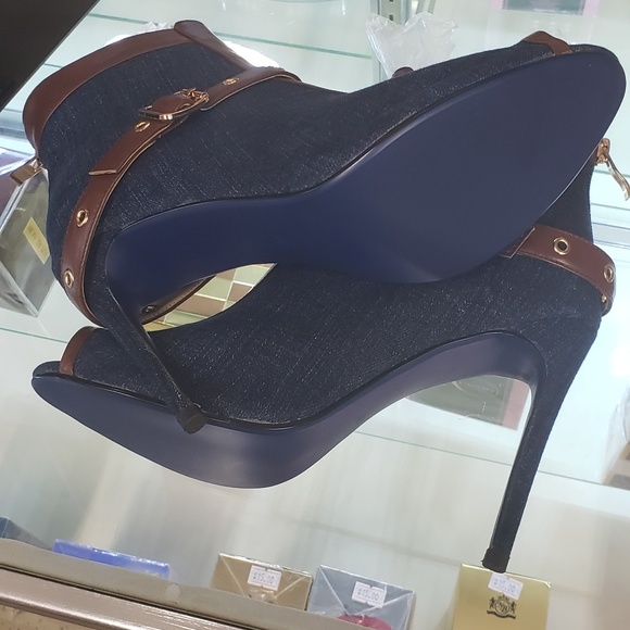 Dark blue denim Brown peetoe ankle stiletto boot - Picture 2 of 4